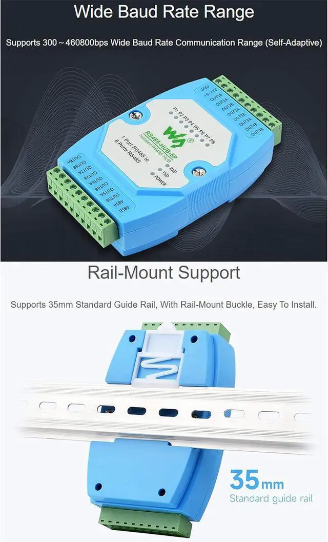 Alt view image 6 of 7 - waveshare Industrial Isolated 8-ch RS485 Hub, Extend 8-ch RS485 Slave Ports via 1-ch RS485 Master Port,with Isolation and Relay,Support Rail-Mount, 300~460800bps (Self-Adaptive) Baud Rate, DC 9~24V