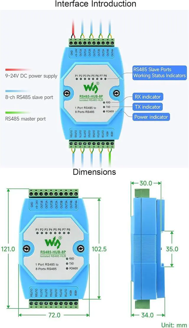 Alt view image 7 of 7 - waveshare Industrial Isolated 8-ch RS485 Hub, Extend 8-ch RS485 Slave Ports via 1-ch RS485 Master Port,with Isolation and Relay,Support Rail-Mount, 300~460800bps (Self-Adaptive) Baud Rate, DC 9~24V