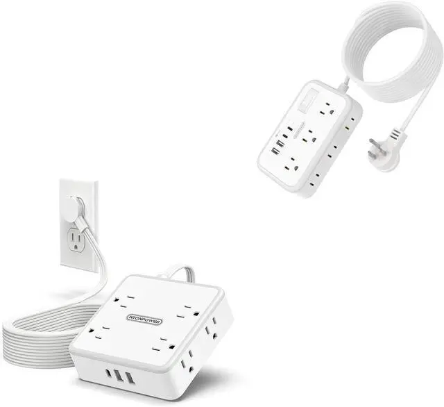 Main image of Two 15 FT 10-in-1 & 10-in-1 Extension Cord, 3 Side 8 Prong with 3 USB, 2 Side 6 AC Outlet with 4 USB, 1080J Long Cord Surge Protector, Multiple Outlets for Home Office