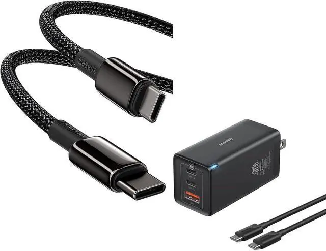 Main image of Baseus USB C Cable, 100W PD 5A QC 4.0 Fast Charging USB C to USB C Cable, Zinc Alloy Nylon Braided USB Type C Charger Cable & 65W USB C Wall Charger, 3 Ports Foldable GaN Charger, Fast Charger Block