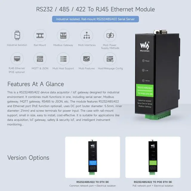 Alt view image 3 of 7 - Waveshare Industrial Serial Server, RS232/485/422 to RJ45 Ethernet Module, TCP/IP to Serial, Small