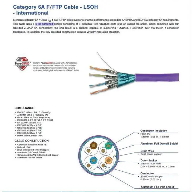 Alt view image 4 of 4 - Siemon Cat6A F/UTP Network Cable, 305m/1000ft, LSOH Violet Jacket, 23 AWG, PoE Compatible