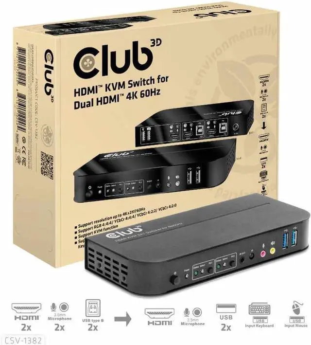 Main image of Club 3D HDMI KVM Switch for Dual HDMI 4K 60Hz - 2 Computer(s) - 1 Local User(s) - 4096 x 2160-6 x USB - 3 x HDMI