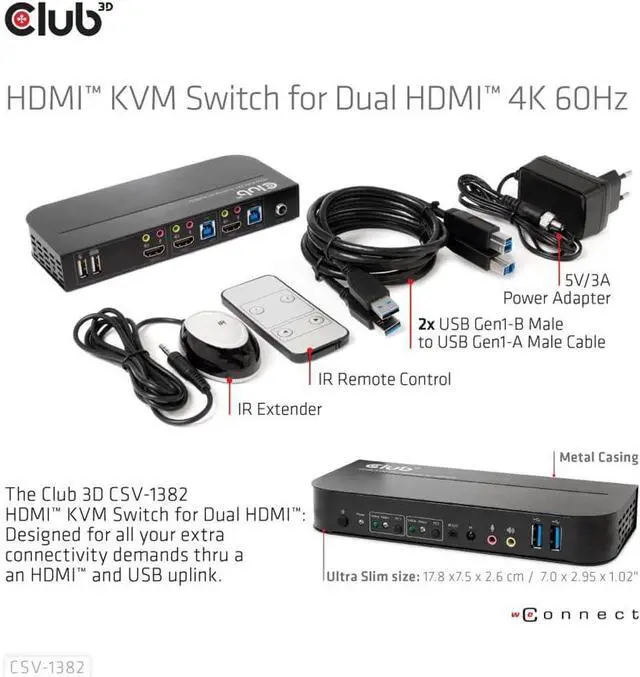Alt view image 2 of 5 - Club 3D HDMI KVM Switch for Dual HDMI 4K 60Hz - 2 Computer(s) - 1 Local User(s) - 4096 x 2160-6 x USB - 3 x HDMI