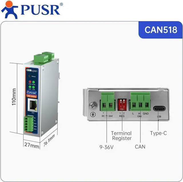 Alt view image 5 of 5 - Canopen to Modbus Converter CANopen Slave Gateway Modbus TCP/TCP Master Full Isolation for Power/Serial/Ethernet USR-CAN518