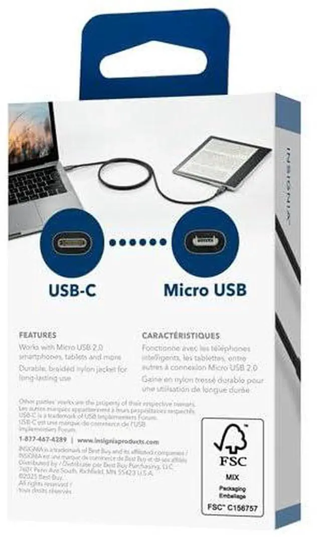 Alt view image 4 of 4 - INSIGNIA USB-C Cables for Charging, Data Transfer & Device Connectivity, Multiple Connector Types and Lengths, Black (USB-C to Micro USB Cable (3.3 ft))