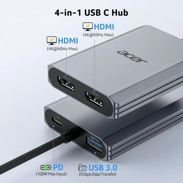 Alt view image 3 of 7 - Acer 4-in-1 USB C Hub bundel with USB C to DisplayPort 1.4 Cable 6.6FT