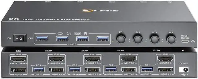 Main image of USB 3.0 KVM Switch 2 Monitors 4 Computers HDMI+DisplayPort KCEVE 8K@60Hz/4k@144Hz KVM Switch for 4 PCs Share 4 USB3.0 Device