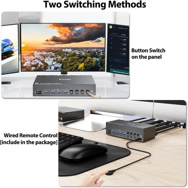 Alt view image 6 of 6 - USB 3.0 KVM Switch 2 Monitors 4 Computers HDMI+DisplayPort KCEVE 8K@60Hz/4k@144Hz KVM Switch for 4 PCs Share 4 USB3.0 Device