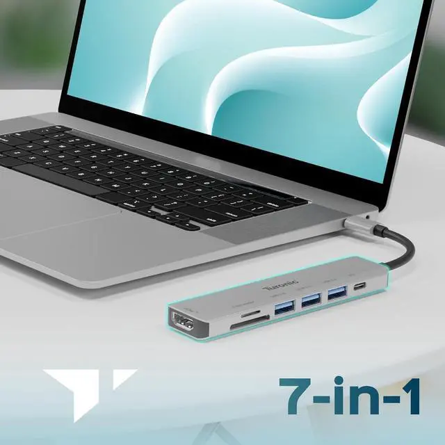 Alt view image 2 of 7 - Turonic YG-2120 USB Hub, 7-in-1 USB-C Adapter with 4K HDMI Output, 100W PD Pass-Through Charging, USB 3.2 & USB 3.0 Ports, SD/MicroSD Reader, Aluminum Housing, Slim Travel Design