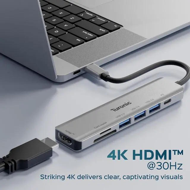 Alt view image 4 of 7 - Turonic YG-2120 USB Hub, 7-in-1 USB-C Adapter with 4K HDMI Output, 100W PD Pass-Through Charging, USB 3.2 & USB 3.0 Ports, SD/MicroSD Reader, Aluminum Housing, Slim Travel Design