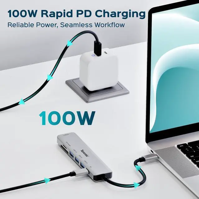 Alt view image 6 of 7 - Turonic YG-2120 USB Hub, 7-in-1 USB-C Adapter with 4K HDMI Output, 100W PD Pass-Through Charging, USB 3.2 & USB 3.0 Ports, SD/MicroSD Reader, Aluminum Housing, Slim Travel Design
