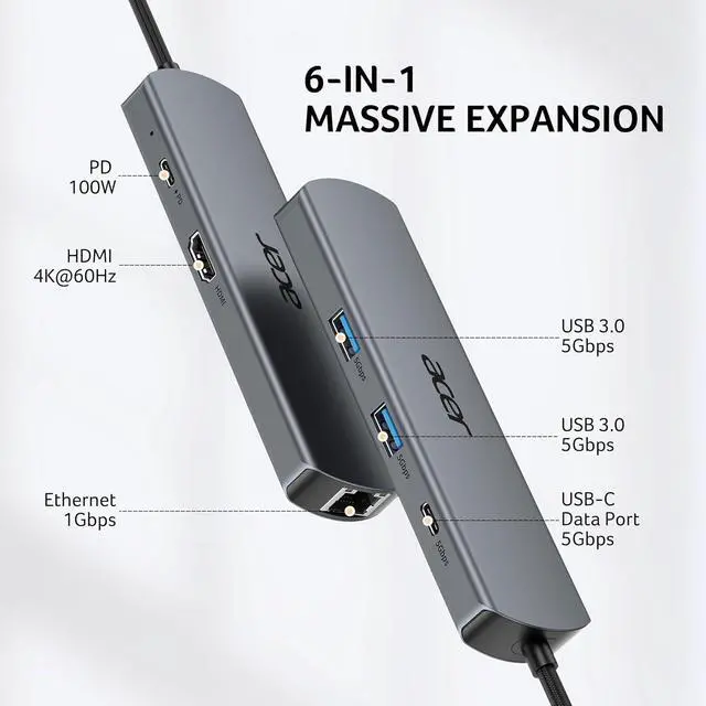 Alt view image 3 of 7 - acer 6 in 1 USB C Hub with Ethernet bunlde with USB C to DisplayPort 1.4 Cable 6.6FT