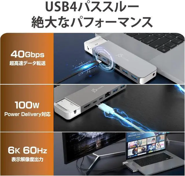 Alt view image 3 of 7 - j5create USB-C 3.2 10Gbps 7in1 Multi-Hub Dual Display for MacBook Air/MacBook Pro USB4 Pass-Through PD100W/6K60/40Gbps USB-A3.2 10Gbps 4K HDMI Wired LAN 3.5mm Jack M1/M2/M1 Pro/M1 Max Compatible