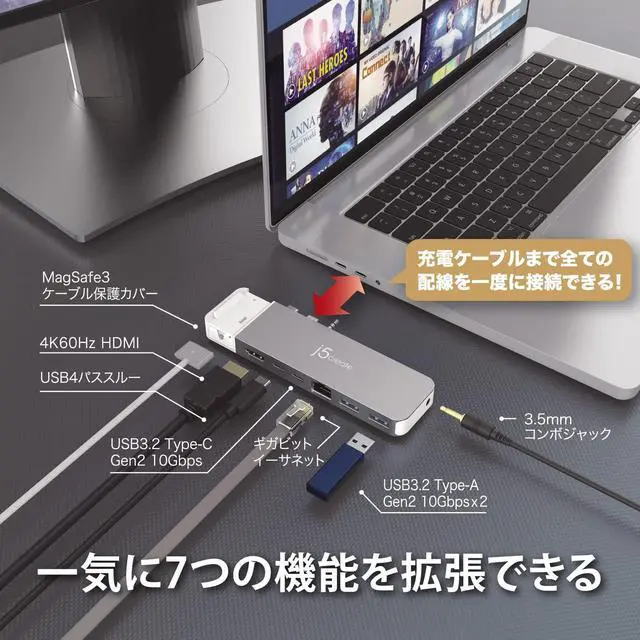 Alt view image 4 of 7 - j5create USB-C 3.2 10Gbps 7in1 Multi-Hub Dual Display for MacBook Air/MacBook Pro USB4 Pass-Through PD100W/6K60/40Gbps USB-A3.2 10Gbps 4K HDMI Wired LAN 3.5mm Jack M1/M2/M1 Pro/M1 Max Compatible