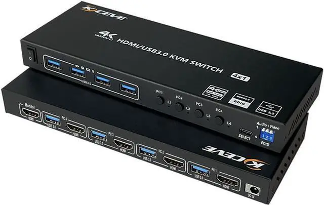 Main image of 4K KVM HDMI Switch 4 Ports USB 3.0 KVM Selector Box with EDID Emulator Support 4K@60Hz Resolution for 4 Computers