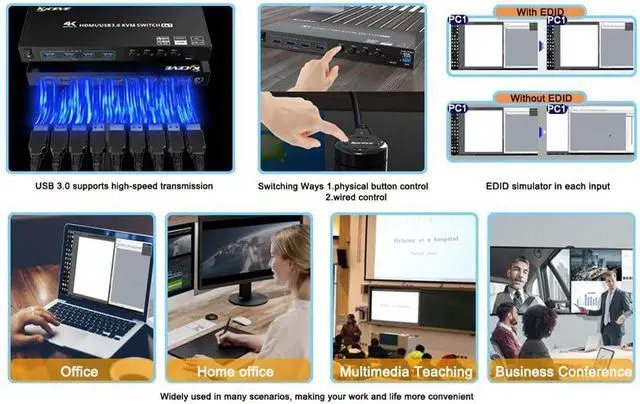 Alt view image 3 of 7 - 4K KVM HDMI Switch 4 Ports USB 3.0 KVM Selector Box with EDID Emulator Support 4K@60Hz Resolution for 4 Computers