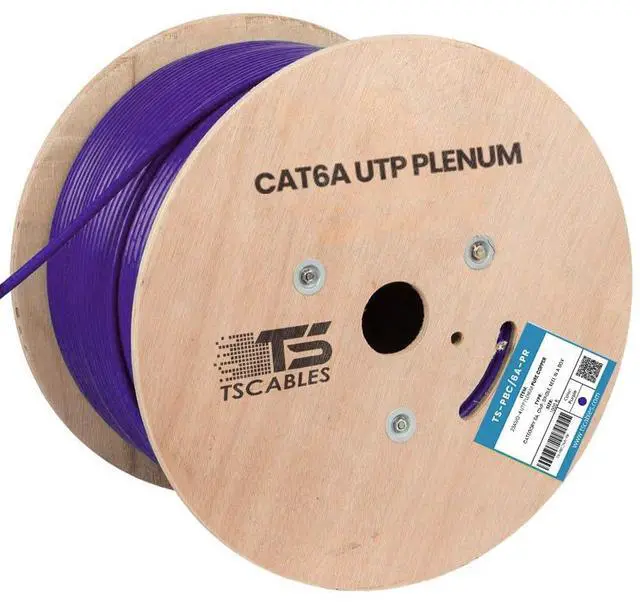 Main image of TSCables | Cat6A Plenum (CMP) 1000ft, 750Mhz, PoE++ (4PPoE) | 100% Solid Bare Copper | 23AWG Unshielded Twisted Pairs (UTP), Available in 9 Colors for Easy Identification (Purple, 1000ft)