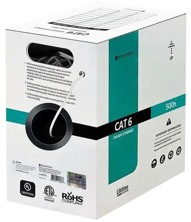 Alt view image 2 of 4 - Monoprice Cat6 Plenum Bulk Cable - UL, Solid, 550MHz, UTP, CMP, 10G, 23AWG, 500 Feet, White