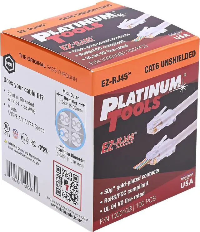 Alt view image 4 of 7 - Platinum Tools 100010B EZ-RJ45 Cat6 Connector for Ethernet Cable Termination, 100 per Box