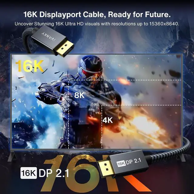 Alt view image 2 of 7 - IVANKY 10ft DisplayPort 2.1 Cable - 16K@60Hz, 8K@120Hz, 4K@240Hz/165Hz, HDR, HDCP 2.2, Gaming Monitor, TV Compatible - Grey