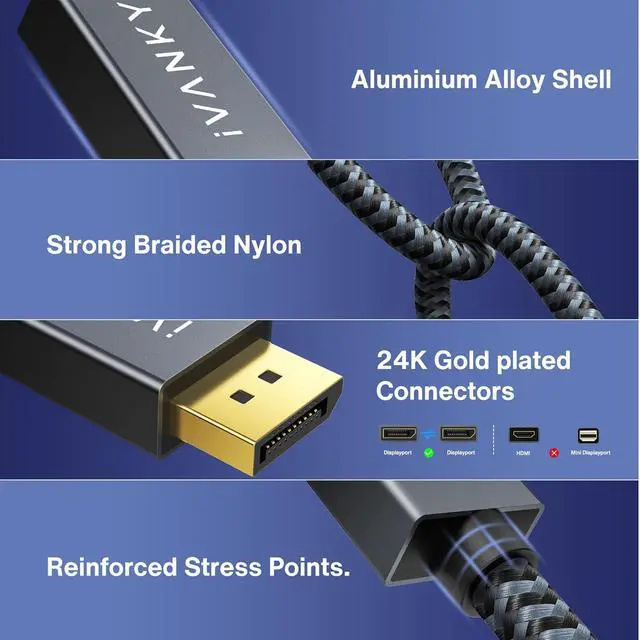 Alt view image 4 of 7 - IVANKY 10ft DisplayPort 2.1 Cable - 16K@60Hz, 8K@120Hz, 4K@240Hz/165Hz, HDR, HDCP 2.2, Gaming Monitor, TV Compatible - Grey