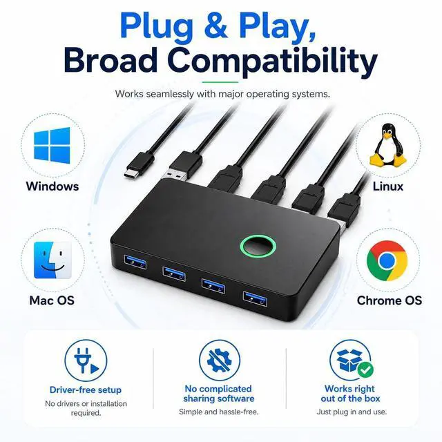 Alt view image 4 of 5 - USB 3.0 Switch 2 in 4 Out, USB Switcher 2 Computers Share 4 USB for PC Mouse Keyboard Printer Scanner, USB KVM Switch Selector Compatible with Windows, Mac, Linux eokCXOY