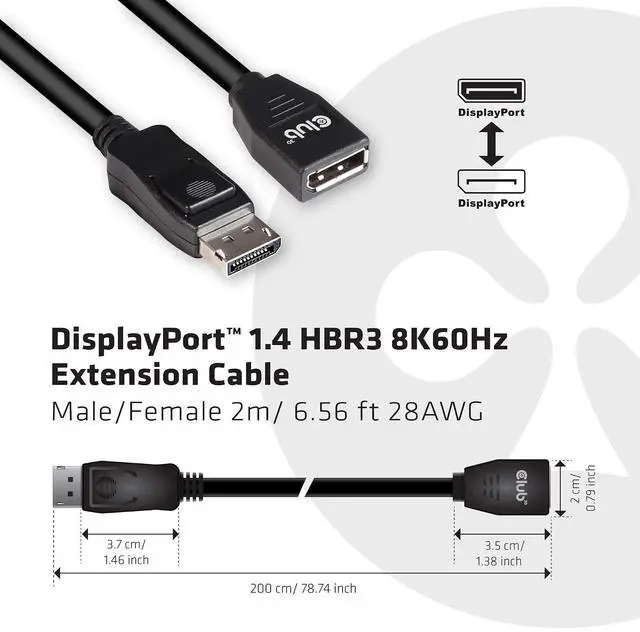 Alt view image 2 of 7 - Club 3D CAC-1022 DisplayPort 1.4 HBR3 8K60Hz or 4K144Hz Extension Cable M/F 2m /6.56 ft