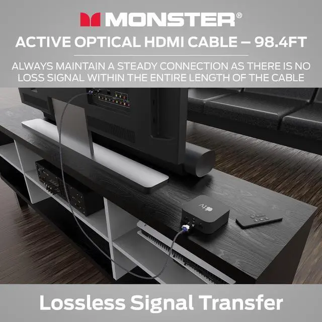 Alt view image 5 of 7 - Monster M-Series HDMI 2.1 Cable 48 Gbps, Active Optical Fiber HDMI Cable, Lightwave Certified, 8K 60Hz, 4K 120Hz, V-Grip Gold Plated Connectors, Duraflex Jacket, 98.4 ft