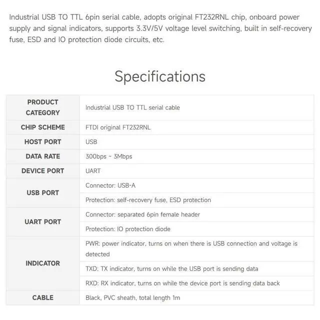 Alt view image 4 of 7 - waveshare 3PCS Industrial USB to TTL (C) 6pin Serial Cable, Original FT232RNL Chip, Multi Protection Circuits, Multi Systems Support, with Hardware Flow Control