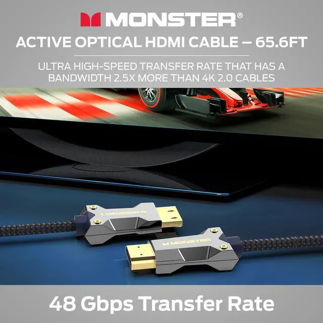 Alt view image 3 of 7 - Monster M-Series Active Optical Lightwave Cable Certified Premium HDMI 2.1-48 Gbps Cable with Aluminum Extrusion Connector, V-Grip, Duraflex Protective Jacket - Supports 8K @ 60HZ, 4K @ 120HZ, 65.6 FT