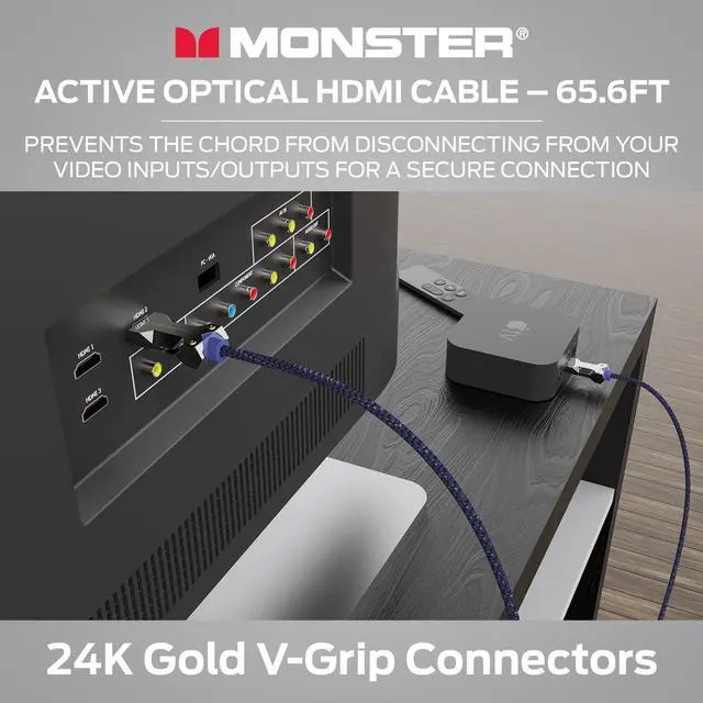 Alt view image 6 of 7 - Monster M-Series Active Optical Lightwave Cable Certified Premium HDMI 2.1-48 Gbps Cable with Aluminum Extrusion Connector, V-Grip, Duraflex Protective Jacket - Supports 8K @ 60HZ, 4K @ 120HZ, 65.6 FT