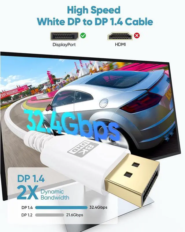 Alt view image 2 of 7 - 8K White DisplayPort Cable 20FT, Display Port 1.4 Cable DP Cord (8K@60Hz, 5K@60Hz, 4K@144Hz, 2K@240Hz, HDR) for Gaming Monitor PC, Laptop, Graphics Card