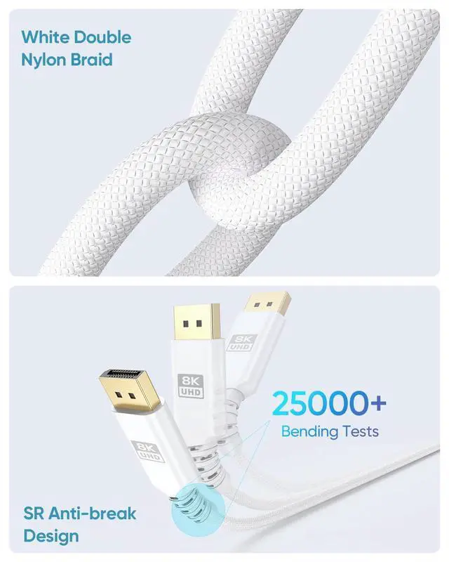 Alt view image 4 of 7 - 8K White DisplayPort Cable 20FT, Display Port 1.4 Cable DP Cord (8K@60Hz, 5K@60Hz, 4K@144Hz, 2K@240Hz, HDR) for Gaming Monitor PC, Laptop, Graphics Card