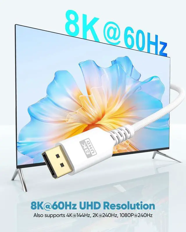 Alt view image 3 of 7 - 8K White DisplayPort Cable 20FT, Display Port 1.4 Cable DP Cord (8K@60Hz, 5K@60Hz, 4K@144Hz, 2K@240Hz, HDR) for Gaming Monitor PC, Laptop, Graphics Card