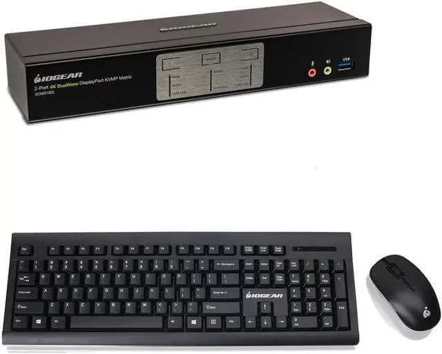 Main image of IOGEAR KVMP 2-Port 4K Dual View DisplayPort Matrix GCMS1922 with Long Range 2.4 GHz Wireless Keyboard and Mouse Combo Bundle