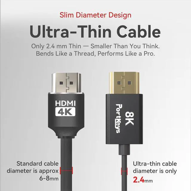 Alt view image 6 of 7 - Portkeys 8K HDMI Cable High-Speed HDMI Ultra Thin 10-Core Coaxial Cable, 2.4mm Diameter Cable 19-PIN Full PIN Mapping Support 8K60Hz 4K240Hz for Camera Monitor/PC/TV/Game(0.3M+1M)
