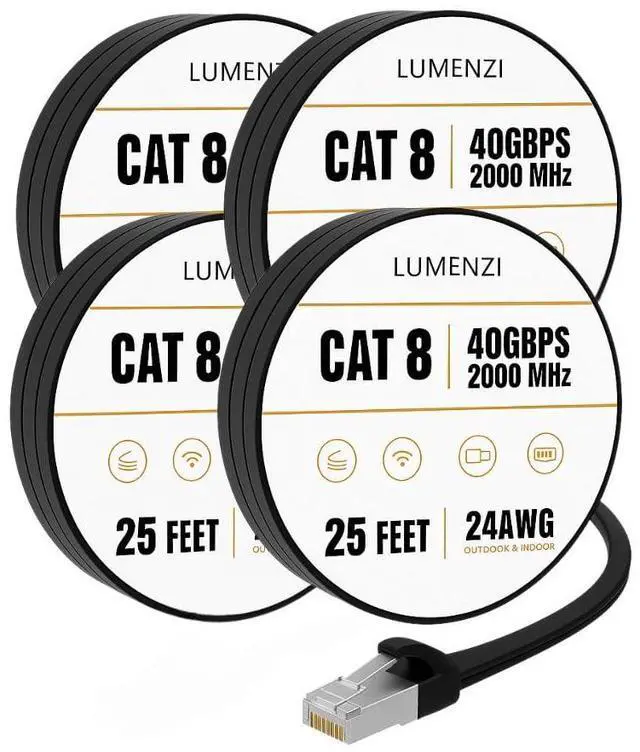Main image of Cat8 Flat Ethernet Cable 25ft, 4 Pc Pack, 40Gbps 2000MHz Network Patch Cord, S/FTP Shielded LAN Cable with RJ45 Connectors, for Gaming, Router, Modem, Laptop