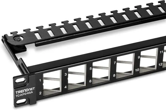 Main image of TRENDnet 24-Port Blank Angled Keystone Shielded 1U Patch Panel, TC-KP24SA, STP, Cat6A, Cat5, Cat5e, Cat6, 19 Rackmount Design, Black