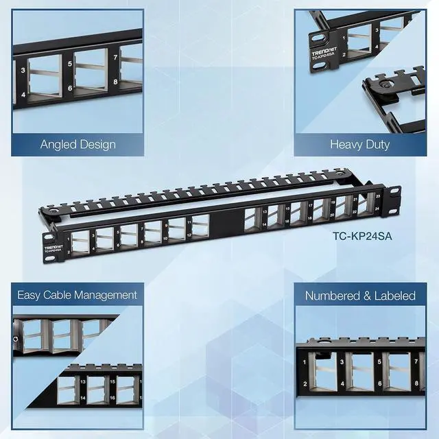 Alt view image 3 of 7 - TRENDnet 24-Port Blank Angled Keystone Shielded 1U Patch Panel, TC-KP24SA, STP, Cat6A, Cat5, Cat5e, Cat6, 19 Rackmount Design, Black