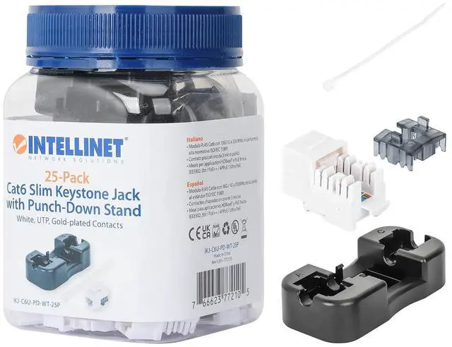 Main image of Intellinet Cat6 Keystone Jack with Punch-Down Stand 25 Pack - UL Listed RJ45 Female Modular UTP Ethernet Jack Insert -25 Dust Covers and Cable Ties IncludedLifetime Mfg Warranty White 772105