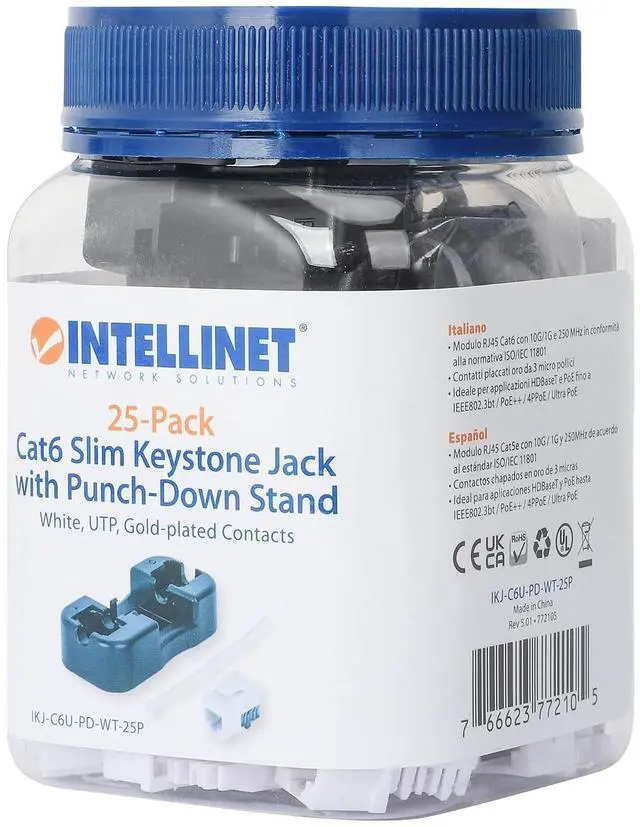 Alt view image 7 of 7 - Intellinet Cat6 Keystone Jack with Punch-Down Stand 25 Pack - UL Listed RJ45 Female Modular UTP Ethernet Jack Insert -25 Dust Covers and Cable Ties IncludedLifetime Mfg Warranty White 772105