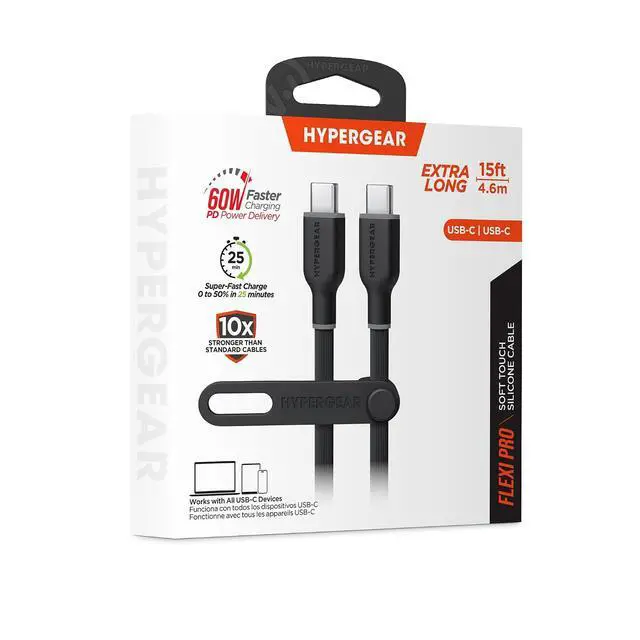Alt view image 2 of 3 - HyperGear USB-C to USB-C Charging Cable, Super-Soft & Bendy, 10X Stronger, Tear-Resistant, Silicone Cable Strap, Power Delivery for Fast Charging, Universal Compatibility Durable Type-C Cable, Black