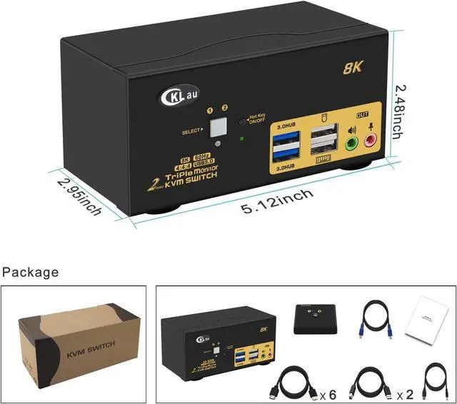 Alt view image 6 of 6 - 2 Port USB 3.0 Triple Monitor KVM Switch HDMI 2.1 8K@60Hz 4K@144Hz with Audio and All Input Cable for 2 Computers 3 Monitors Supports Hotkey Switching