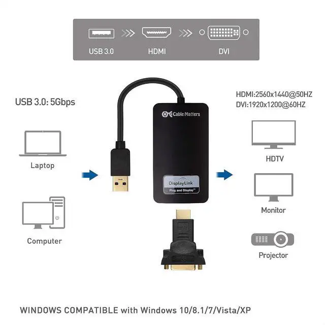 Alt view image 3 of 7 - Cable Matters SuperSpeed USB 3.0 to HDMI Adapter (USB to HDMI Adapter) for Windows in Black & 6 Foot Mini DisplayPort to HDTV Cable