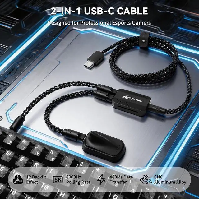 Alt view image 2 of 7 - ATTACK SHARK C07 PRO Single Crystal Copper Custom Braided USB-A to Dual Type-C Cable with Adjustable RGB Light,1-to-2 Mini Hub,CNC Anodized Aluminum Plug for 8KHz X68 R68 Keyboard R11 R5 Mouse(Black)