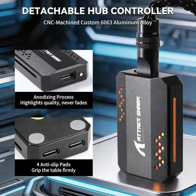 Alt view image 5 of 7 - ATTACK SHARK C07 PRO Single Crystal Copper Custom Braided USB-A to Dual Type-C Cable with Adjustable RGB Light,1-to-2 Mini Hub,CNC Anodized Aluminum Plug for 8KHz X68 R68 Keyboard R11 R5 Mouse(Black)