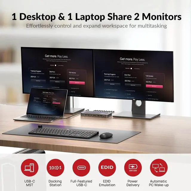 Alt view image 3 of 7 - AV Access iDock P10 KVM Docking Station 2 Monitors 2 PCs, GbE, EDID, 5xUSB-A, 65W PD, USB C Hub, 4K@60Hz HDMI & DisplayPort USB C KVM Switch Dual Monitor Laptop & Desktop, Audio, SD, Remote Switch
