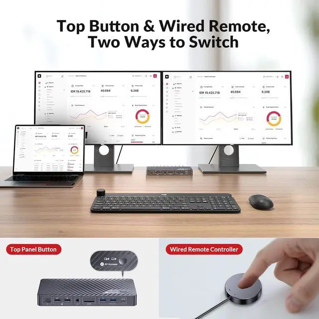 Alt view image 5 of 7 - AV Access iDock P10 KVM Docking Station 2 Monitors 2 PCs, GbE, EDID, 5xUSB-A, 65W PD, USB C Hub, 4K@60Hz HDMI & DisplayPort USB C KVM Switch Dual Monitor Laptop & Desktop, Audio, SD, Remote Switch