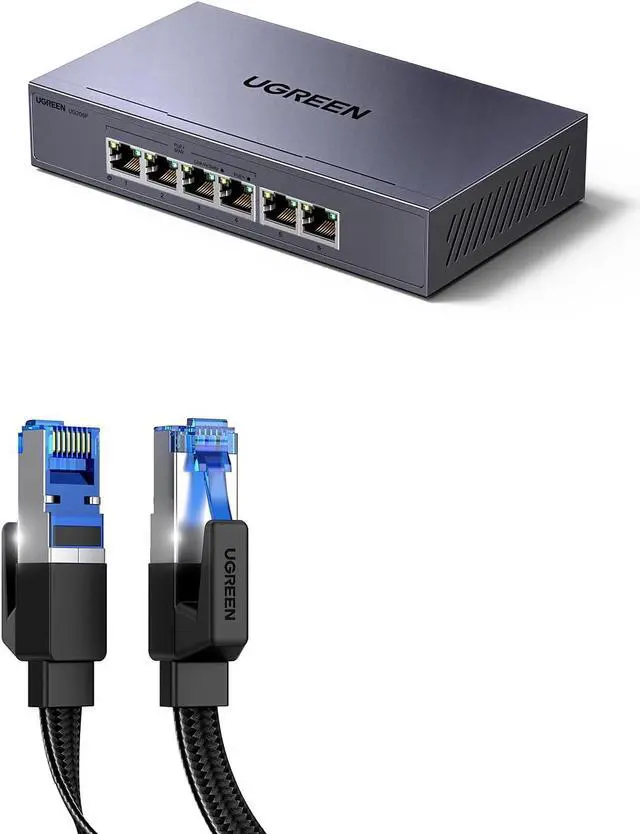 Main image of UGREEN Cat 8 Ethernet Cable 3FT Bundle with 6 Port PoE Switch